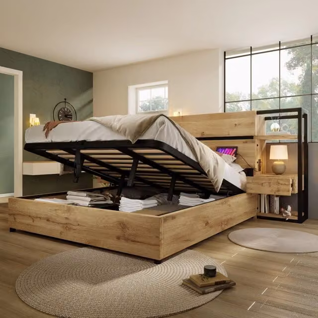 Letto contenitore matrimoniale 160×200 cm con testiera, cassetti, USB e Type-C, materasso incluso, MDF, rovere