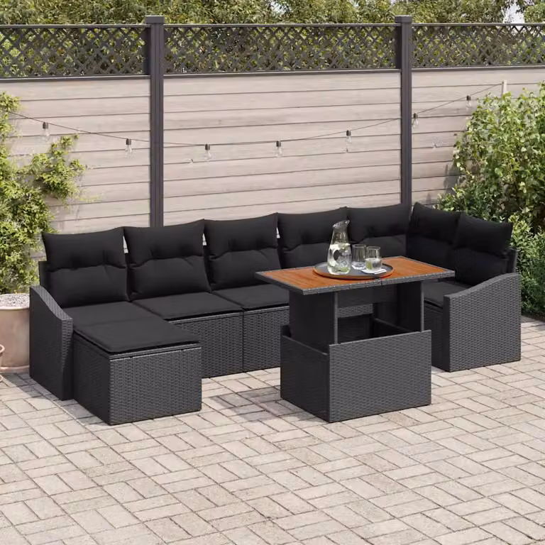 Set da pranzo da giardino vidaXL in rattan e legno con 8 pezzi nero e marrone