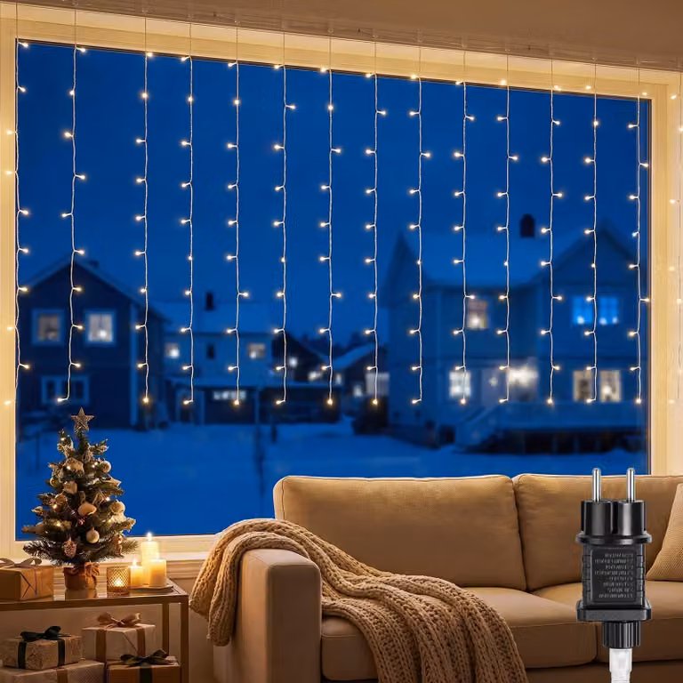 Tenda luminosa a LED, dimensioni 3x1 metro, 150 LED, luce bianca calda, 8 modalità, timer, grado di protezione IP65