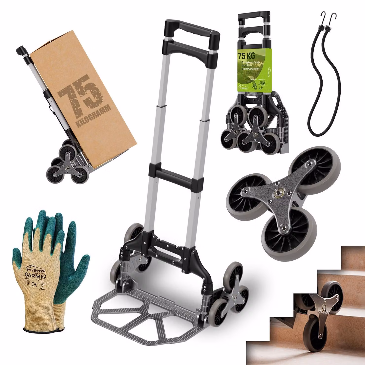 TroniTechnik® Carrello a sacco, carrello manuale pieghevole, carrello per il trasporto fino a 75 kg, carrello pieghevole per scale - con ruota girevole, altezza regolabile