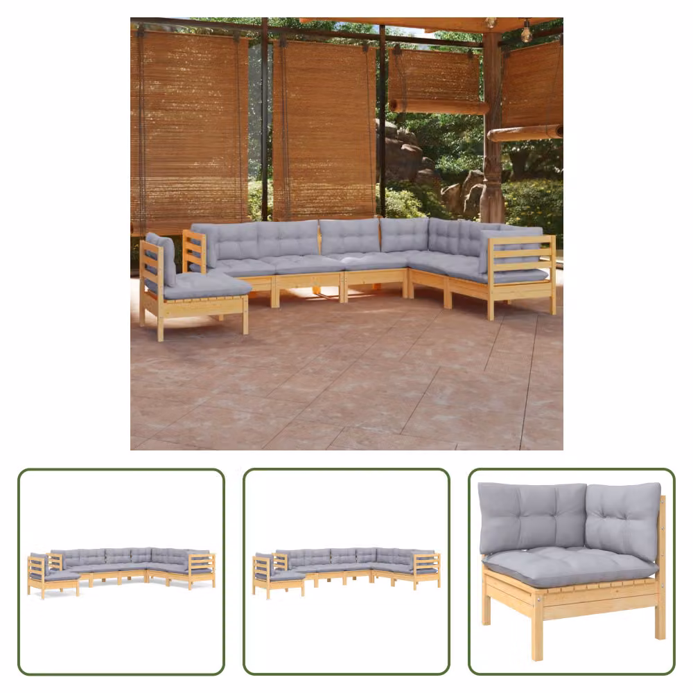 The Living Store Set da salotto da giardino 7 pezzi con cuscini grigi in legno di pino massiccio