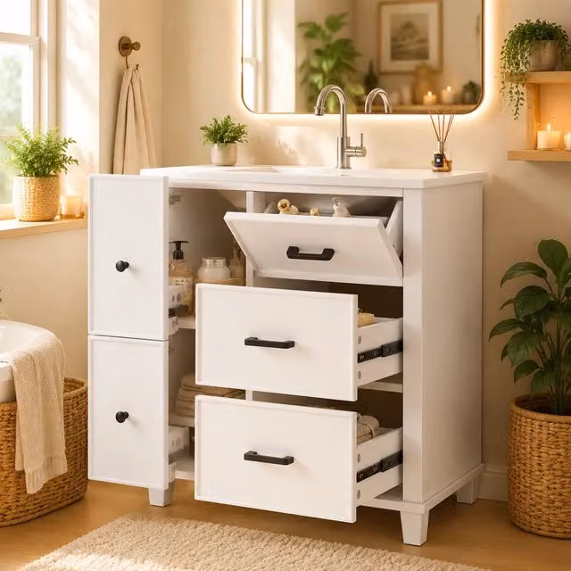 Lavabo da appoggio 76,5x47x83,5 cm in ceramica integrata, verniciato bianco, con cassetto laterale e guide silenziose
