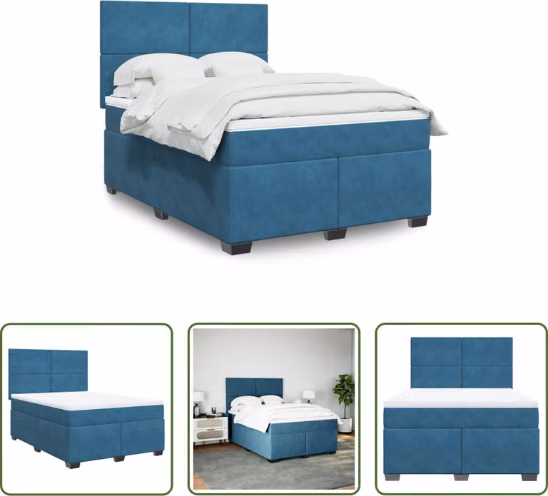 The Living Store Letto a molle con materasso Blu 140x190 cm in velluto