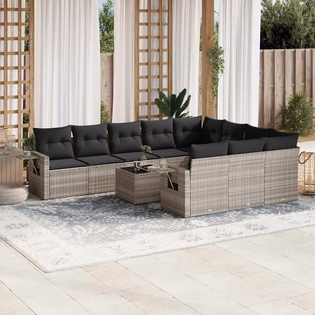 vidaXL Set Divani da Giardino 11 pz a Forma a L in Polyrattan Grigio con Cuscini e Tavolino da Esterno – 1
