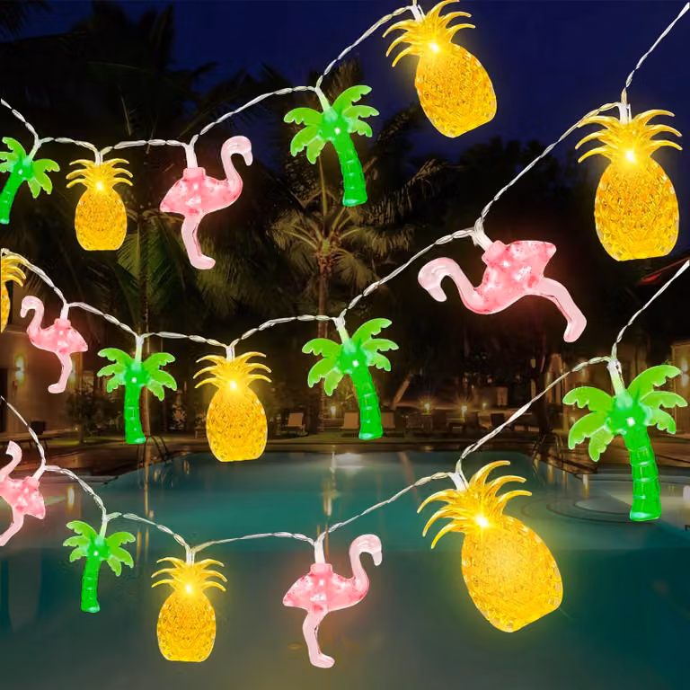 Catena luminosa tropicale, 3 metri, 20 LED, motivo: ananas/fiamingo/palme, alimentazione a batteria