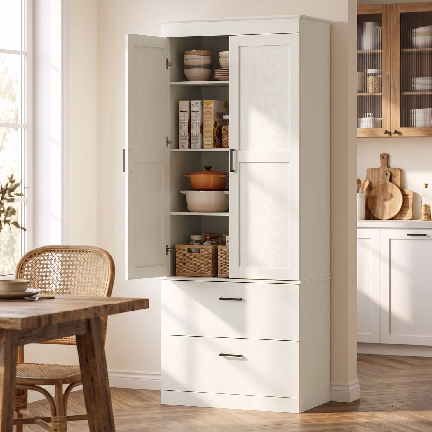 Mobile dispensa da cucina HOMCOM in stile country con ripiani regolabili e 2 cassetti, bianco crema – 2