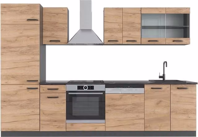 Cucina componibile moderna Vicco R-Line in Rovere dorato e Antracite, L: 300 cm, H: 183 cm, P: 60 cm