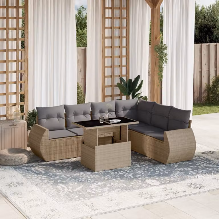 Set di divani da giardino vidaXL in polyrattan da 7 pezzi con cuscini beige e tavolino per esterno a forma di L
