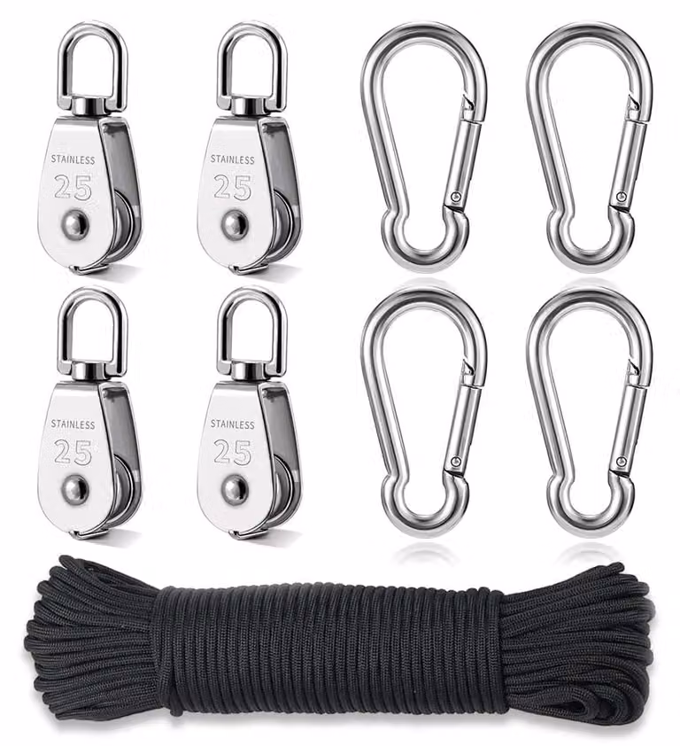 Set di 4 carrucole in acciaio inossidabile, modello M25, complete di gancio a moschettone e 30 metri di corda