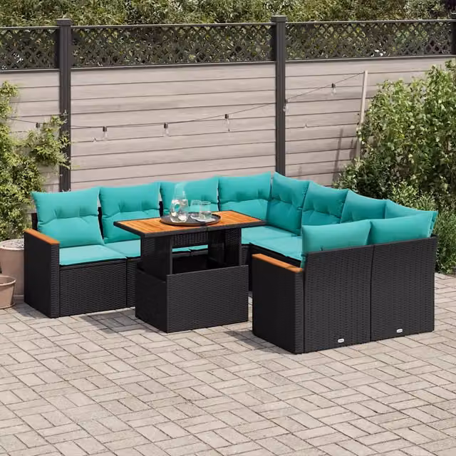 Set Divani da Giardino 9 pz con Cuscini Nero in Polyrattan 3327466