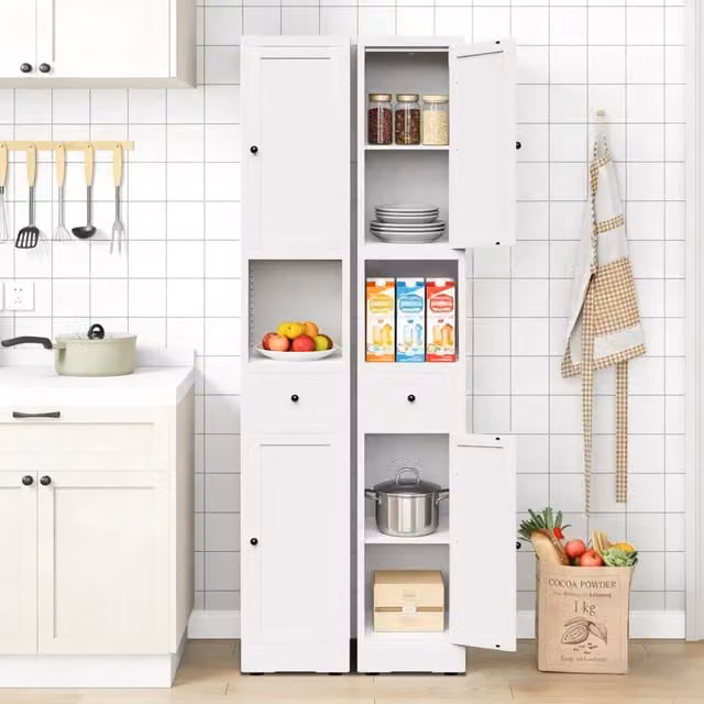 Armadio bagno stretto ULEVR H 180,34 cm in metallo bianco con 2 ante, 5 livelli e ripiani regolabili