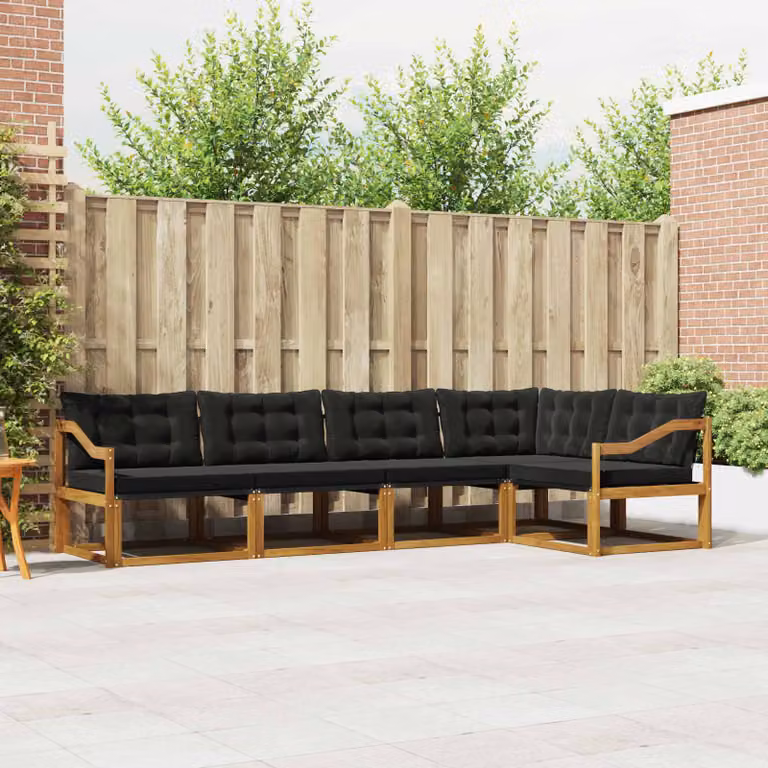 Set di divani da esterno vidaXL a forma di L composto da 5 pezzi in legno di acacia con cuscini in tessuto textilene, colore marrone e nero