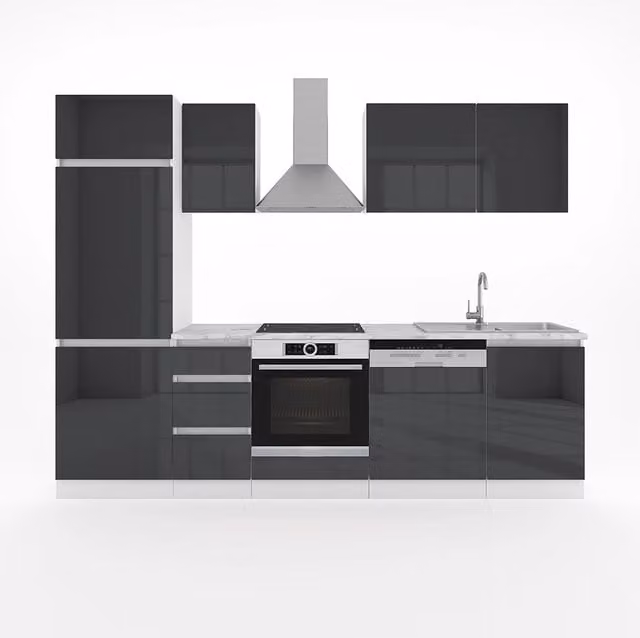 Cucina componibile Optima Vicco colore Antracite lucido e Bianco, larghezza 270 cm, con illuminazione LED integrata, senza piano di lavoro e senza maniglie