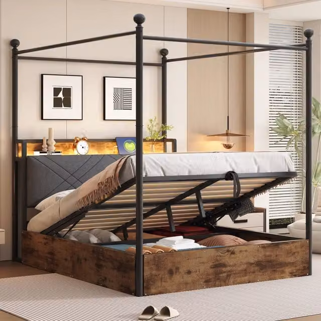 Letto a baldacchino moderno con contenitore, illuminazione LED e porte USB e Type-C, nero, L/P/H: 140 x 190 x 146,6 cm – 1