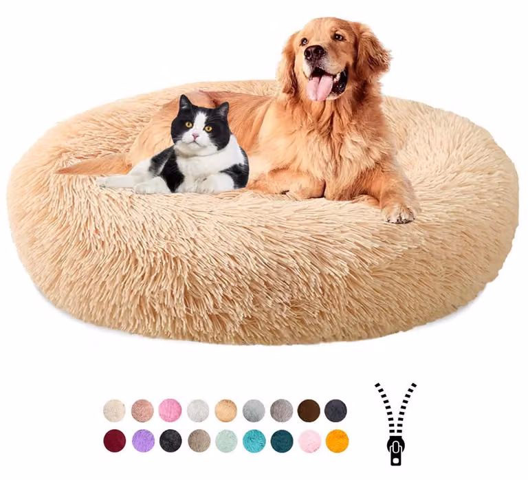 Cuccia per cani a forma di ciambella, in peluche, lavabile, con rivestimento removibile e base antiscivolo, diametro 50 cm, color pesca