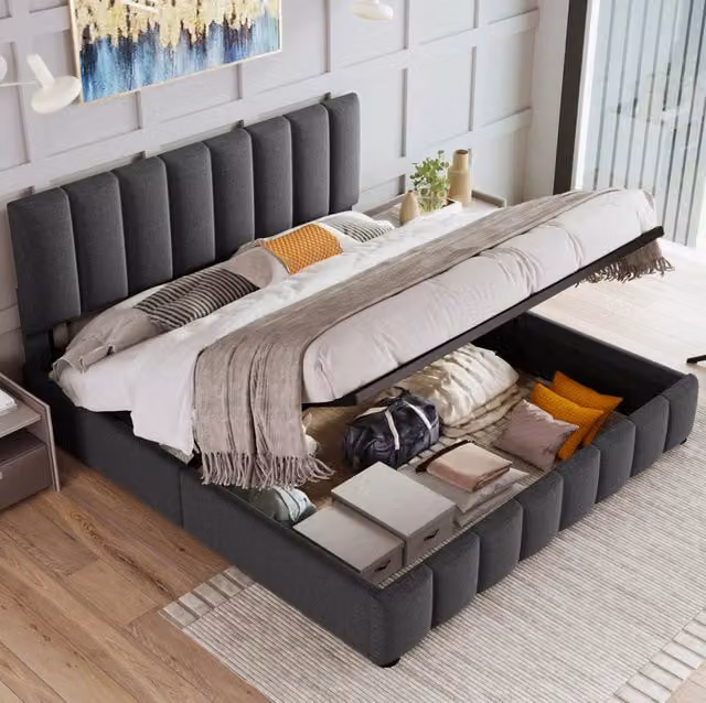 Letto imbottito 140x200 cm con contenitore e testiera regolabile; in lino grigio