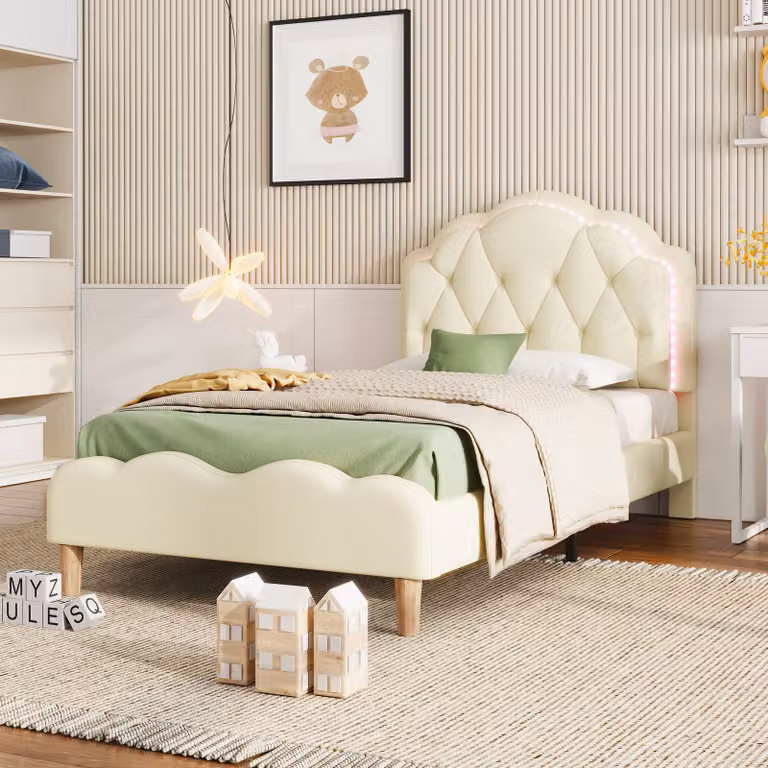 Letto imbottito Flieks 90x200cm con rete a doghe, letto per bambini letto per ragazzi con LED, letto singolo letto in legno con testiera, letto classico, Similcuoio, bianco