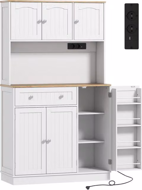 HOMCOM Credenza da Cucina Alta con Stazione di Ricarica e Piano per Microonde, Ripiani Regolabili e 4 Rastrelliere per Spezie, Bianco, Altezza: 173 cm – 1