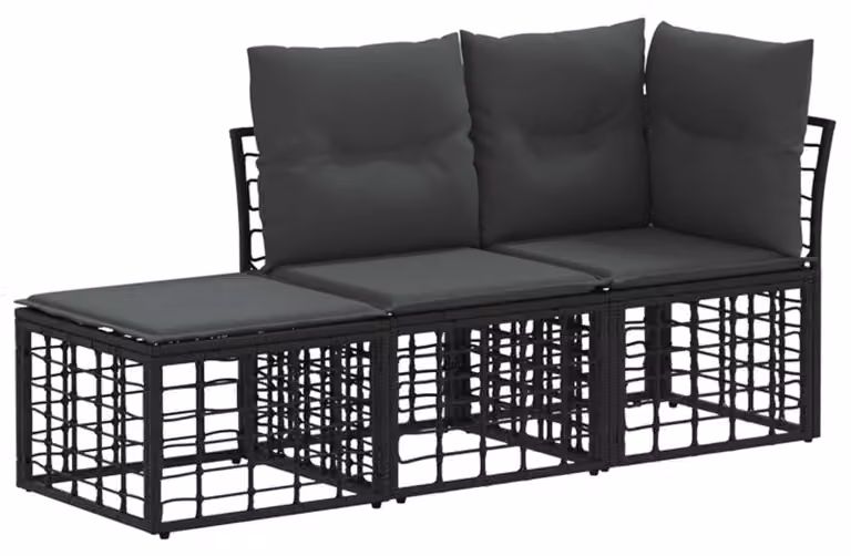 Set di divani da esterno con cuscino 3 pcs Nero Poliestere