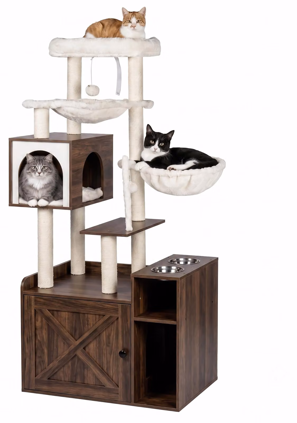 Relaxdays, tiragraffi per gatti con armadietto per la lettiera e dispenser per cibo, dimensioni 144x71x45,5 cm, pali in sisal e cuccia, aspetto legno, colore marrone
