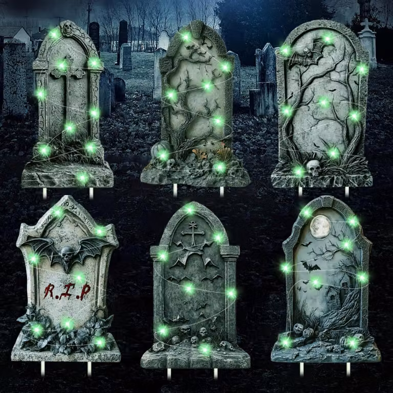6 lapidi a LED per Halloween, con una catena luminosa di 3 metri, decorazioni spaventose per il giardino