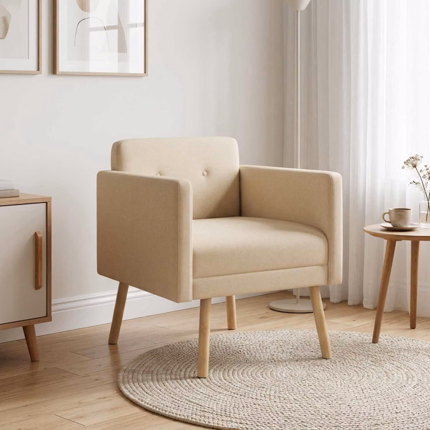 Sedia d'accento vidaXL in tessuto beige con struttura in legno e braccioli