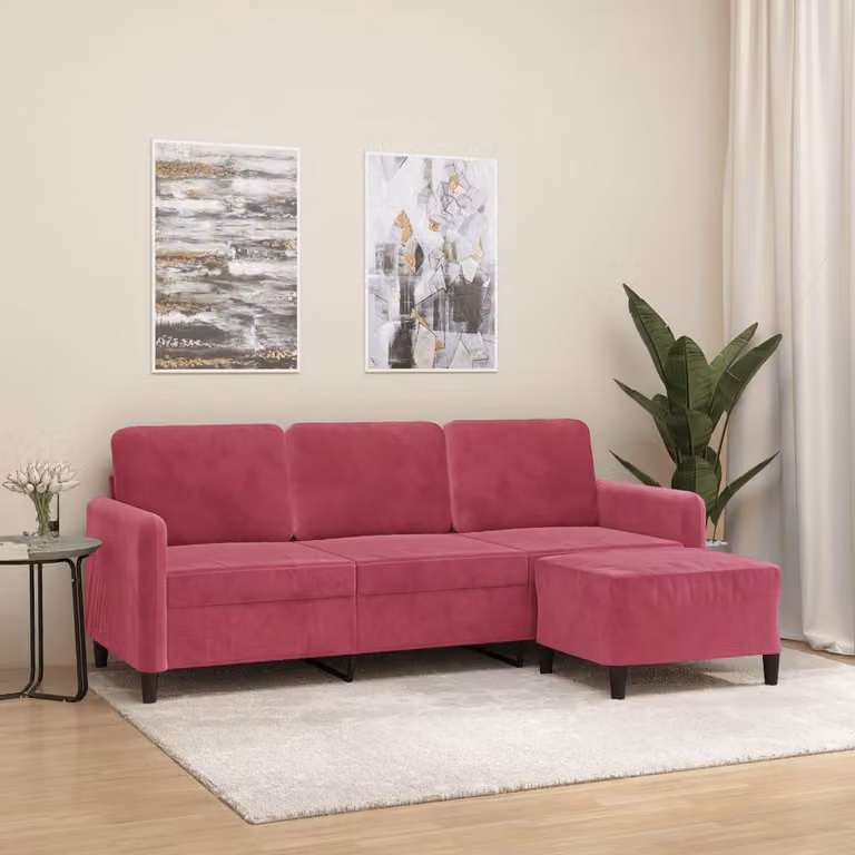 vidaXL Divano a 3 Posti con Poggiapiedi Coordinato in Velluto Rosso, Design Moderno per Soggiorno