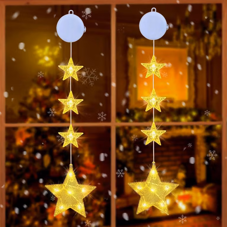 Set di 4 decorazioni natalizie a forma di stella con luci LED per finestre, con timer
