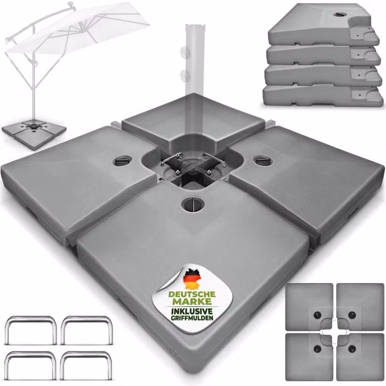 tillvex® Supporto per ombrellone grigio 90 litri / 120 kg - 4 parti per ombrellone a sbalzo incl. connettore in metallo | peso dell'ombrellone riempibile con acqua o sabbia | supporto per ombrellone a sbalzo resistente alle intemperie