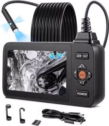 VEVOR Endoscopio Articolato a Tripla Lente con Schermo IPS HD da 4,5 pollici, Telecamera Endoscopica Industriale con Luce, Zoom 8x e Batteria da 3000 mAh, Cavo Impermeabile IP67 da 5 m, Nero
