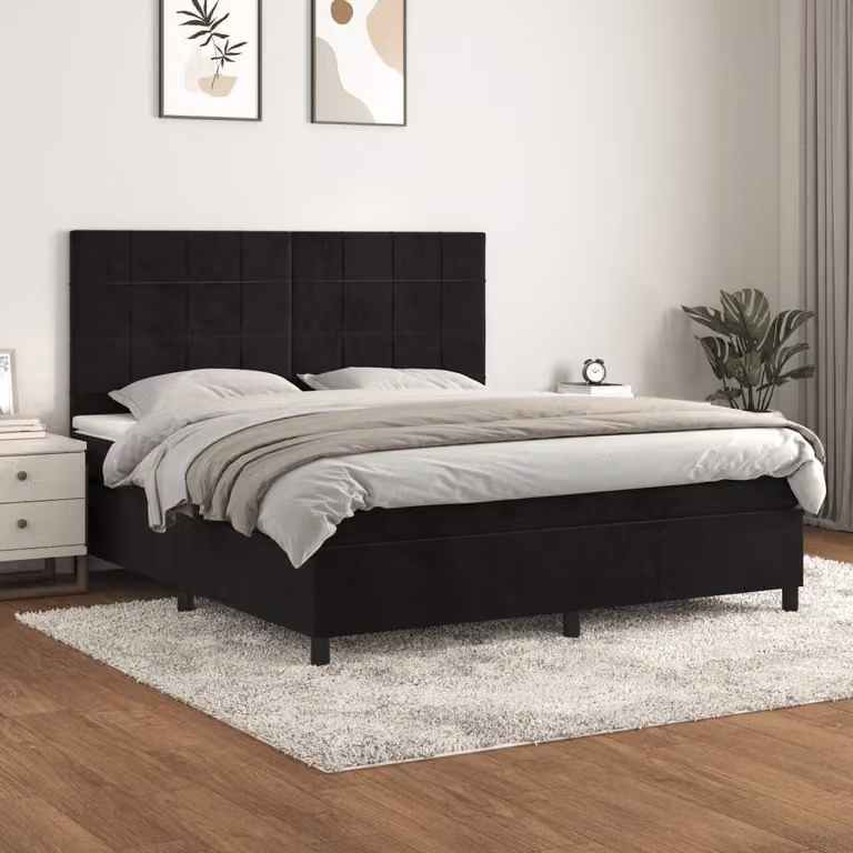 vidaXL Letto Ibrido con Giroletto a Molle e Materasso in Velluto Nero L/P/H: 160 x 200 x 128 cm