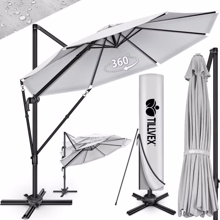 tillvex® Premium ombrellone in alluminio 330 cm grigio + copertura e protezione dal vento | ombrellone a sbalzo 6 pieghevole regolabile con manovella | ombrellone da giardino girevole a 360° inclinabile | ombrellone a manovella UV50+ grande impermeabile