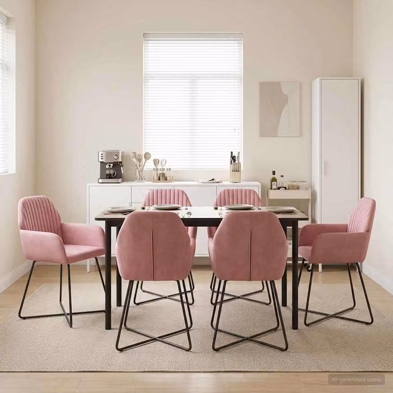Set di 6 sedie da pranzo vidaXL in velluto rosa con struttura in metallo, L: 55 cm, P: 50 cm, H: 84 cm