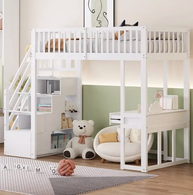 Letto a soppalco 90x200 cm bianco con scrivania multifunzione e scala contenitore