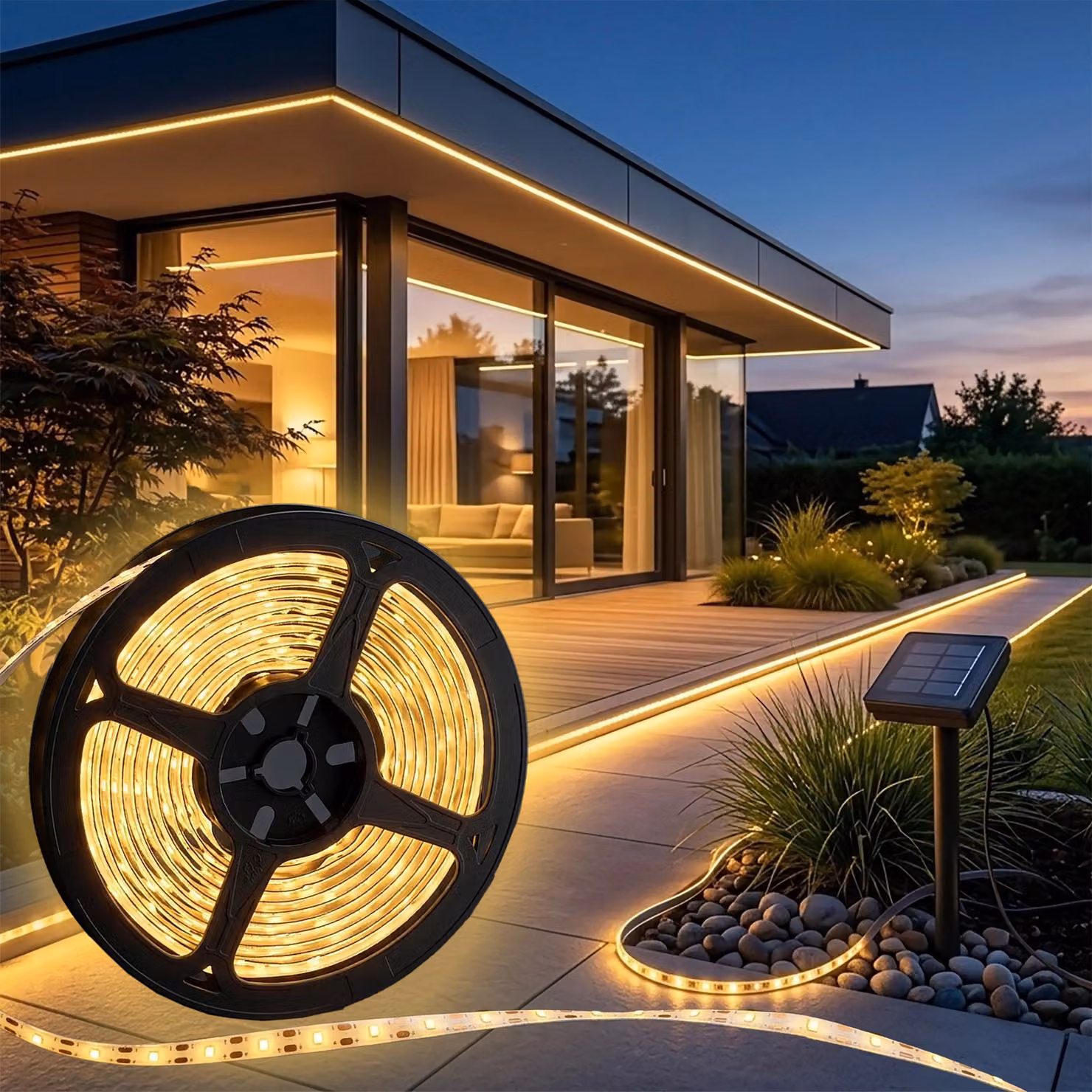 1.01 Striscia LED solare - Lunghezza: 2 metri - 120 LED bianco caldo - Illuminazione per esterni
