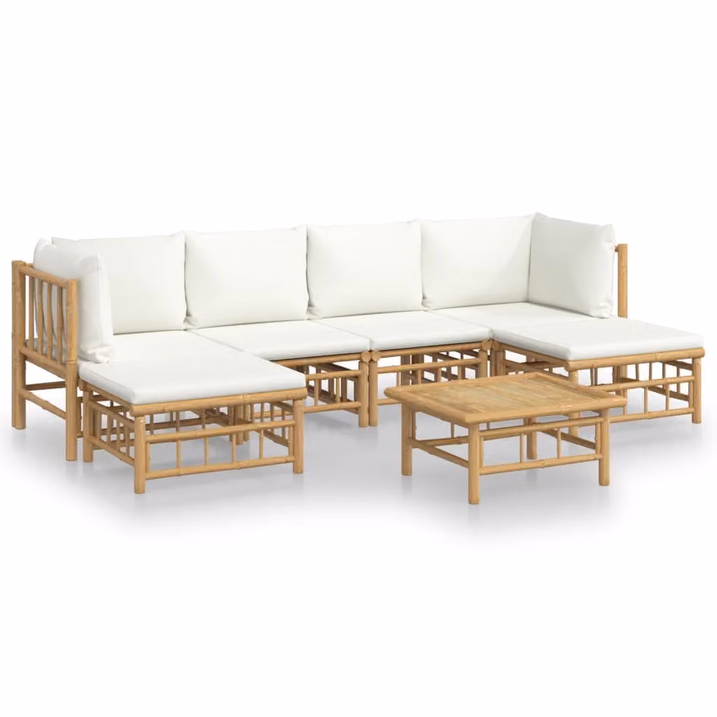 Set Salotto da Giardino 7pz con Cuscini Bianco Crema in Bambù