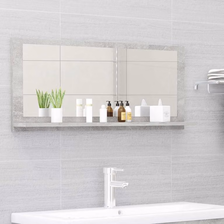 Specchio da bagno moderno vidaXL in legno multistrato e vetro, colore grigio cemento, L 90 cm x P 10,5 cm x H 37 cm