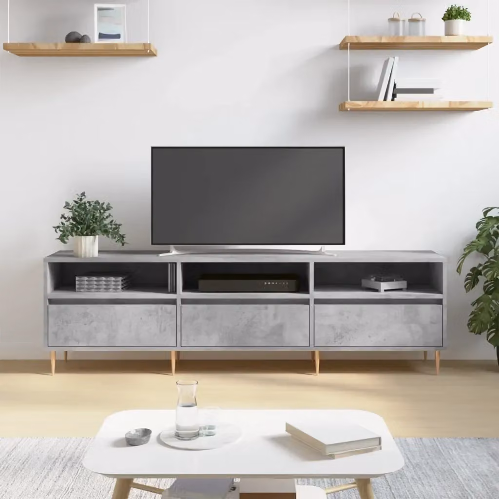 Mobile TV moderno in legno e metallo grigio con scomparti multimediali L 150 cm x P 30 cm x H 44,5 cm – 2