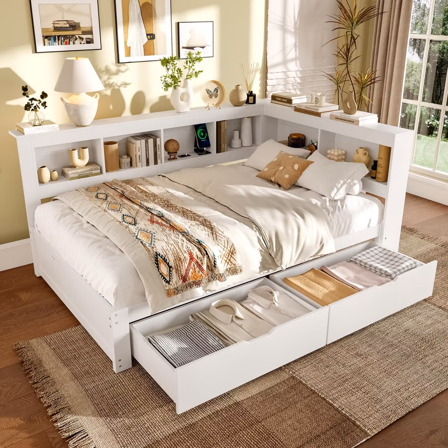 MODFU divano letto 140x200 daybed, daybed con USB+presa, letto per ragazzi senza materasso con 2 cassetti+telaio a doghe, bianco