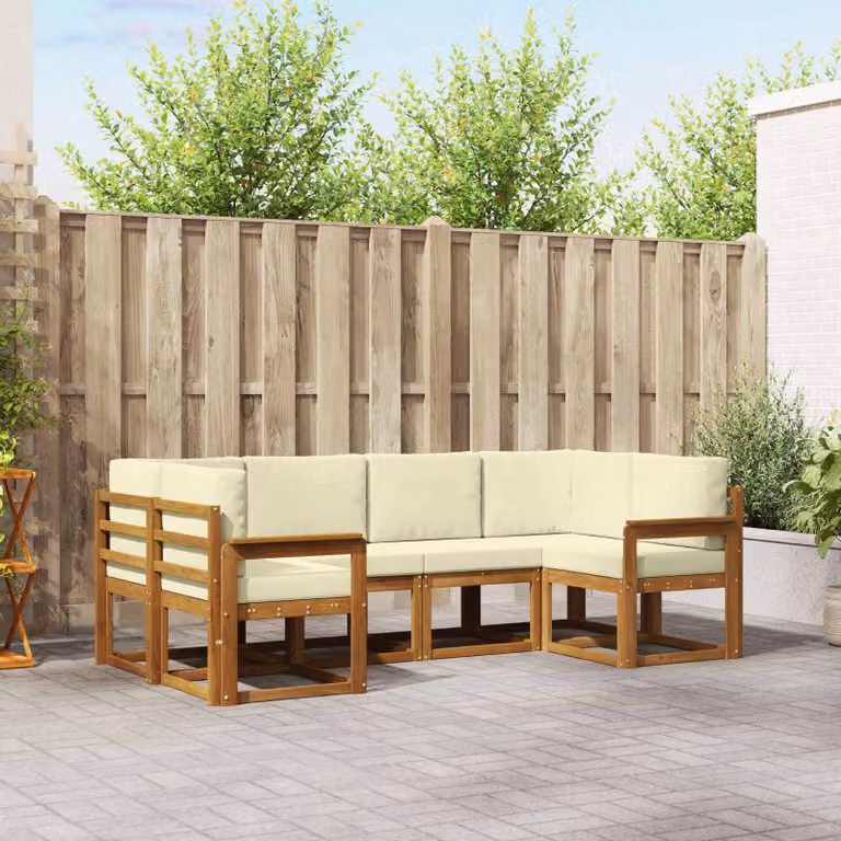 Set di divani da esterno a L vidaXL in legno di acacia con cuscini, 6 pezzi, Beige e Marrone