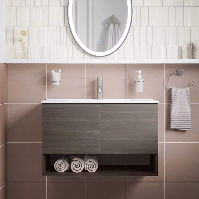 Mobile bagno sospeso Sauris con lavabo, due ante e vano a giorno, rovere scuro, Larghezza: 60 cm – 1