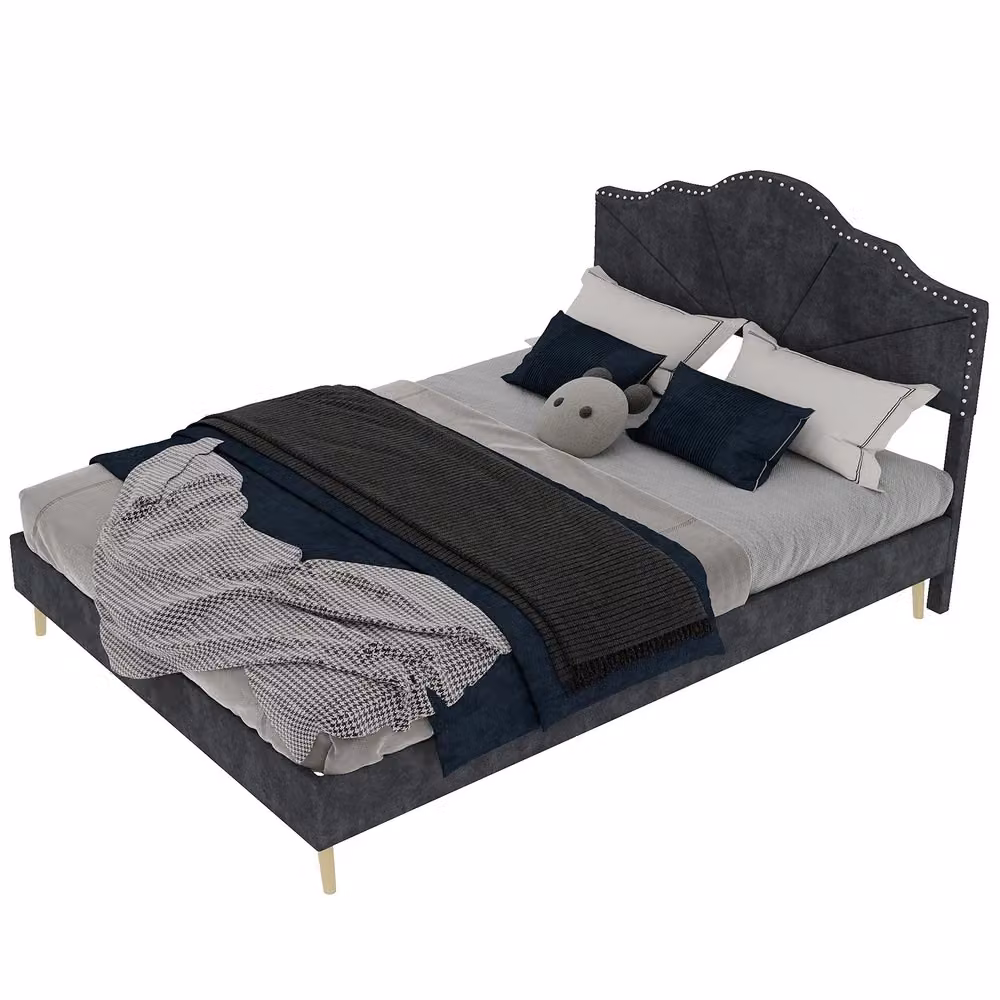 Letto imbottito Minimal con testiera geometrica Grigio L 140 cm x P 200 cm – 2