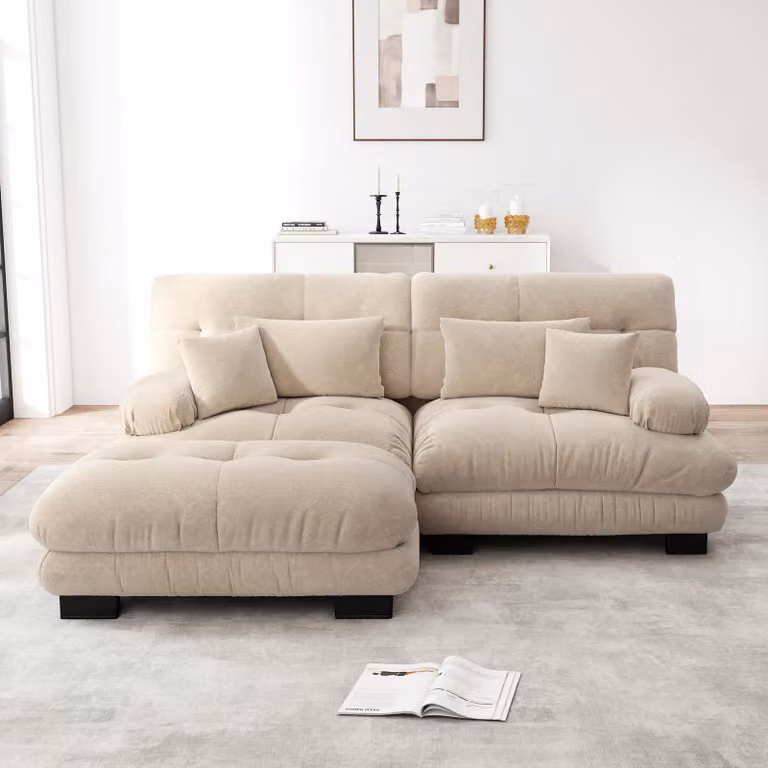 Divano angolare Sweiko Cloud per soggiorno, divano doppio in ciniglia con 2 cuscini lombari e 2 cuscini decorativi, divano imbottito con ampi braccioli e pouf, ciniglia marrone chiaro