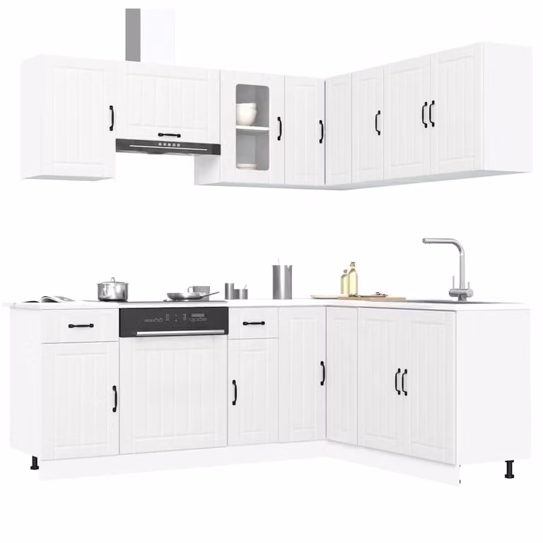 Set di mobili da cucina Kalmar vidaXL composto da 11 pezzi in legno e vetro, colore bianco opaco, design moderno con angolare e ante a battente