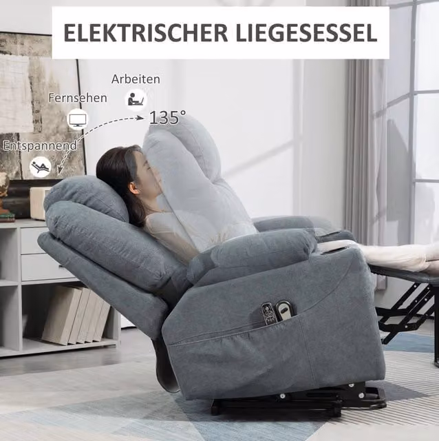 Poltrona Relax Elettrica con Funzione Massaggio a 8 Punti, Riscaldamento e Supporto Sollevamento, 90x101x107 cm, Grigio Scuro