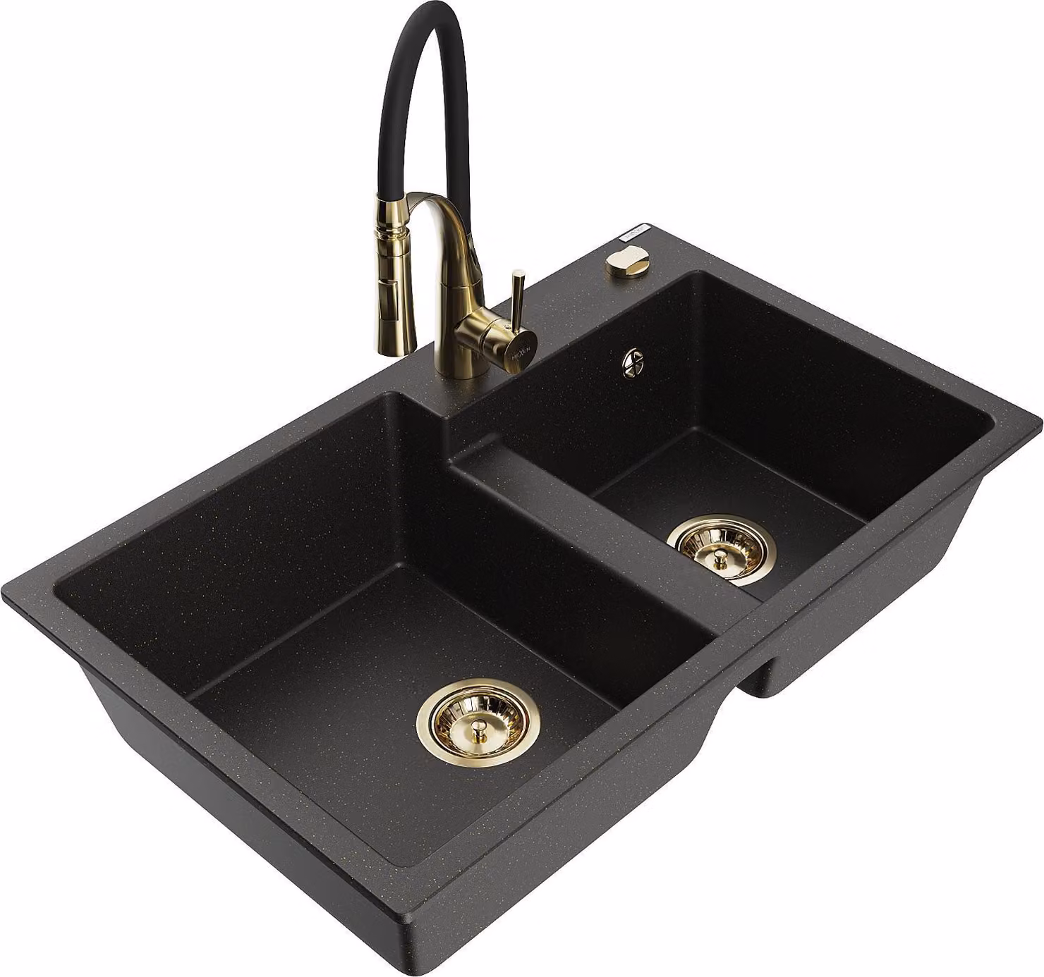 Mexen Tomas lavello da cucina in granito a 2 vasche con miscelatore Aster, nero/oro metallizzato - 6516-75-73450-57-G
