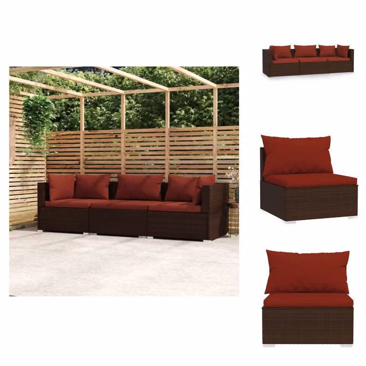 vidaXL Divano a 3 posti con cuscini in poly rattan marrone - Set di mobili da giardino