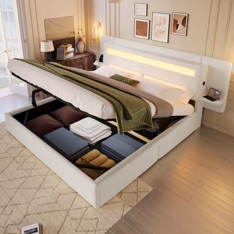 Letto imbottito Merax 180x200 cm, letto matrimoniale con spazio contenitore a sollevamento idraulico, striscia LED, comodini integrati e porta USB, struttura piatta, color beige