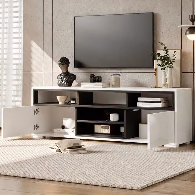 Mobile TV moderno WISHDOR bianco con luci LED integrate e vani portaoggetti L/P/H: 150 x 35 x 50 cm