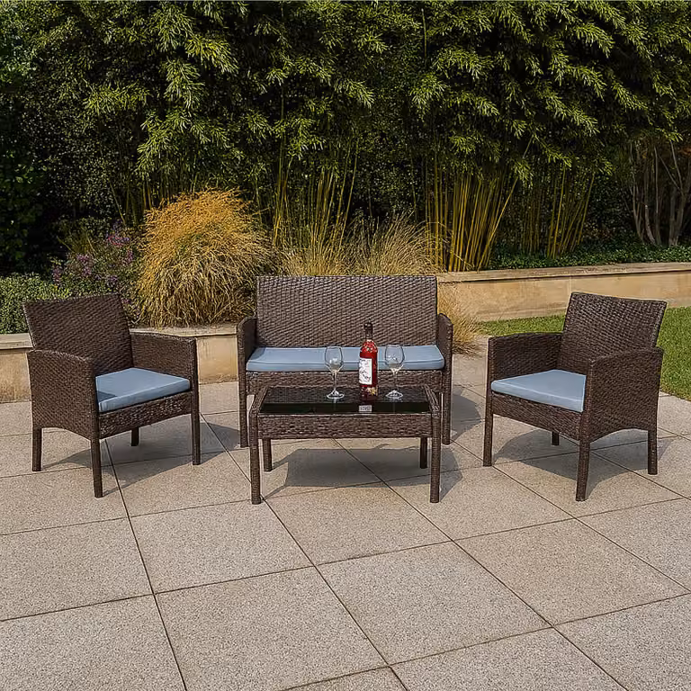 Set da salotto in rattan sintetico composto da 4 pezzi, con tavolo, ideale per l'esterno. Colore: marrone